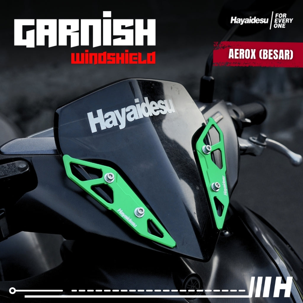 Hayaidesu Garnish Windshield AEROX Old, AEROX Connected, AEROX Alpha (Luar/Outside) - Full CNC Anodize